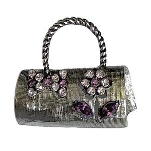 JHS Vintage Silver Tone Purple Rhinestone Flower Purse Brooch